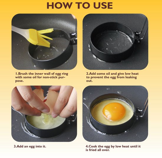 Ei ringen 4 stuks RVS met siliconen handgreep antiaanbak