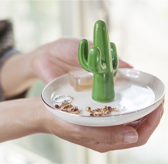 Set van 2 Keramische Cactus Ringhouders Groen/Wit