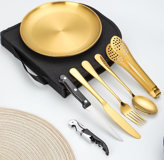 11-delig RVS Bestekset voor Picknick en BBQ - Gold, 2 Pers.