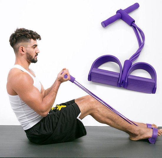 TDR - multifunctioneel weerstandstesiontouw, buiktrainer beentrainer Fitness trekkoord met voetpedaal-paars