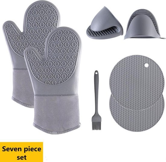 TDR-Extra lange warmte-isolerende siliconen handschoenen voor bakken en koken-compleet set  7-delige - grijs