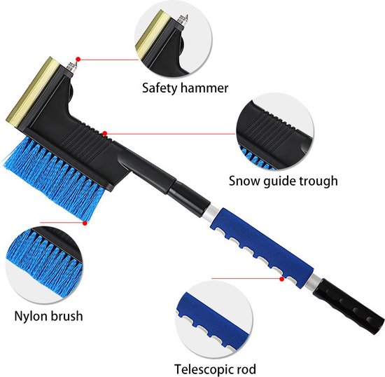 TDR-3 in1 Ijskrabber - sneeuwveger - veiligheidshamer met uitschuifbare steel