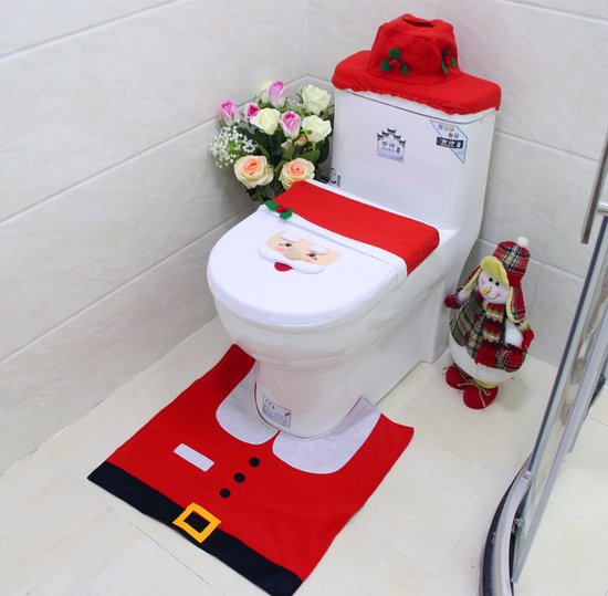 4-delige Kerstdecoratieset voor het Toilet-Toiletdecoratie met Kerstman-thema-Vrolijke Kerstsfeer met Santa-design-rood