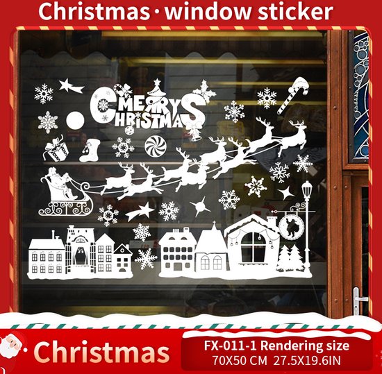 Kerst Raamstickers met Kerstdorp en Winterse Figuren - Herbruikbaar & Statisch Hechtend - 50x35.5 cm-wit