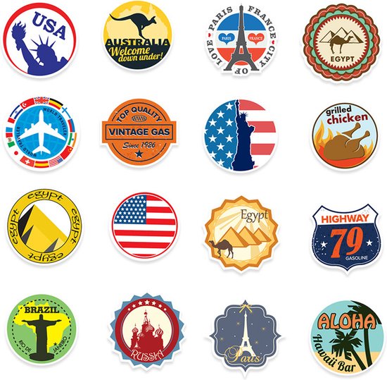 100 reizen en landen Stickers voor laptop, koffers, koelkasten en kleerkasten