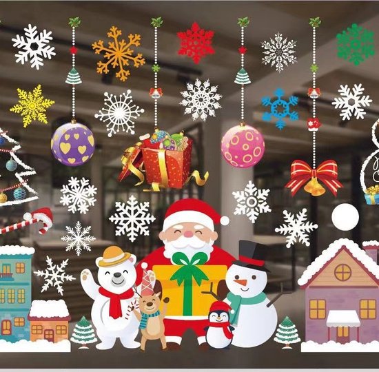 Kerst Raamstickers met kerstman ,sneeuwpoppen en Kerstfiguren - Herbruikbaar en Statisch-35.5*50cm