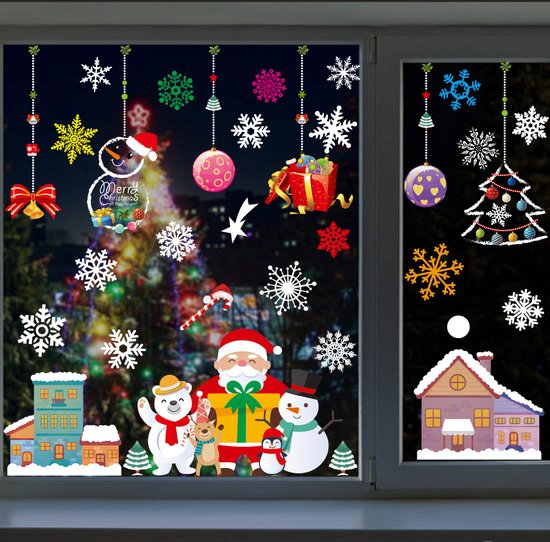 Kerst Raamstickers met kerstman ,sneeuwpoppen en Kerstfigure