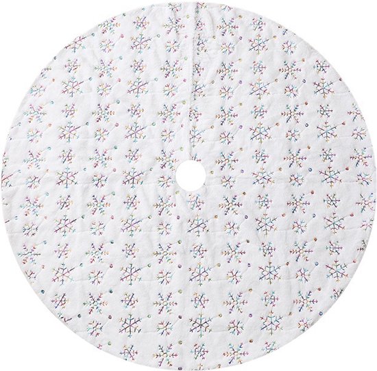 Elegante Kerstboomrok - 122 cm - Wit met Kleurrijke Sneeuwvlokken en Luxe Afwerking-Een Feestelijke Toevoeging aan Je Kerstdecoratie