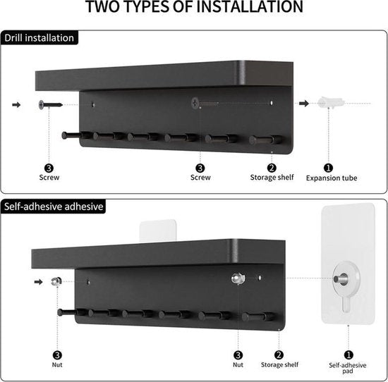Sleutelrekje - 6 haakjes - met zelfklevende, en schroefbevestiging - RVS - 24,5 x 4.5 x 6 cm - Zwart