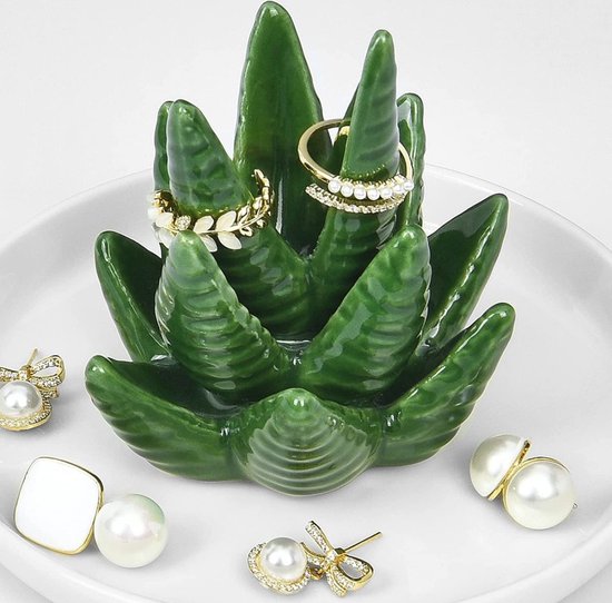 Keramische Cactus Sieradenhouders - Set van 2 - Ringhouders Groen/Wit