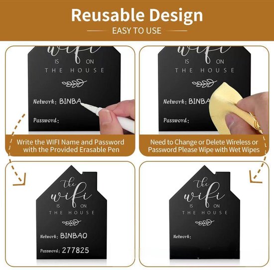 Houten WiFi Bord Huisvorm – Schrijfbaar Netwerk & Wachtwoord