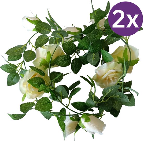 2 Stuks Klimop Slinger met grote rozen kunstbloem -2 meter lang-decoratieve slinger-Bloemenkrans-champagne