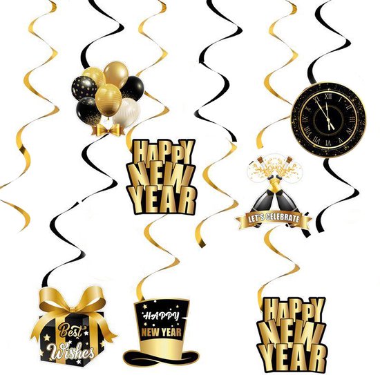 52 delig Happy New Year Versiering-Oud en Nieuw Feest Decoratieset-Zwart Goud Zilver