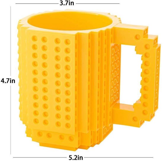 Build on Brick Mug - geel - 350 ml - bouw je eigen mok met bouwsteentjes - BPA vrije drinkbeker cadeau voor kinderen of volwassenen - koffie thee limonade of andere dranken - pennenbeker - creatief accessoire voor op bureau -HnD