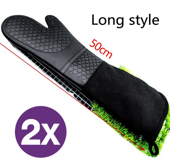 2 Stuks/1 Paar Siliconen Ovenwanten met Zachte Katoenen Voering , Extra Lange Hittebestendige Ovenhandschoenen Voor Bakken, Koken, Grillen-zwart