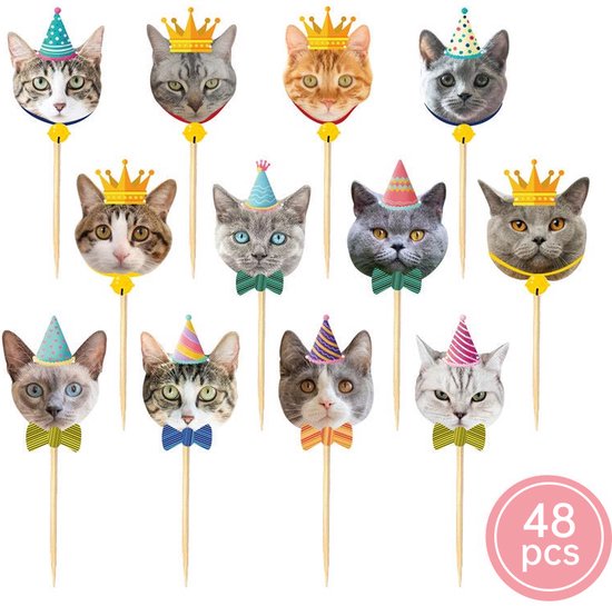Katten cupcake prikkers - 48-delige set voor cake, fruit en desserts