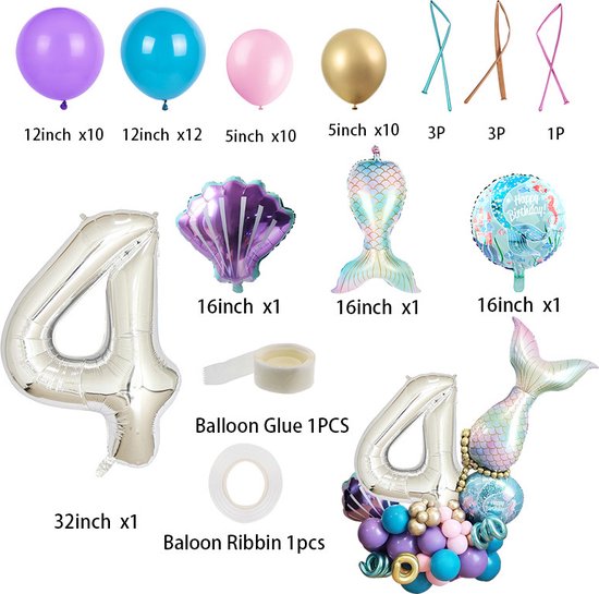 TDR-Digitale Zeemeermin Ballon Set 4 jaar -themafeest-Kinderfeestje-Decoratie set