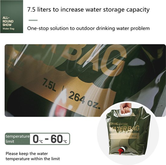 Outdoor Draagbare Waterzak met Kraan voor Kamperen, Wandelen, Picknicken, Vissen en Reizen, etc- 7.5L Capaciteit - Opvouwbaar en Milieuvriendelijk - Jungle Groen