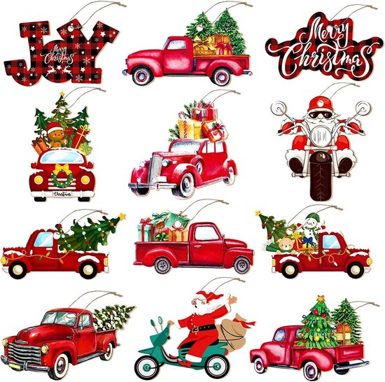 24-delige Houten Kerstdecoratieset - Nostalgische Rode Vrachtwagens met Feestelijke Details-Unieke Hangdecoratie voor Kerstboom en Cadeaus