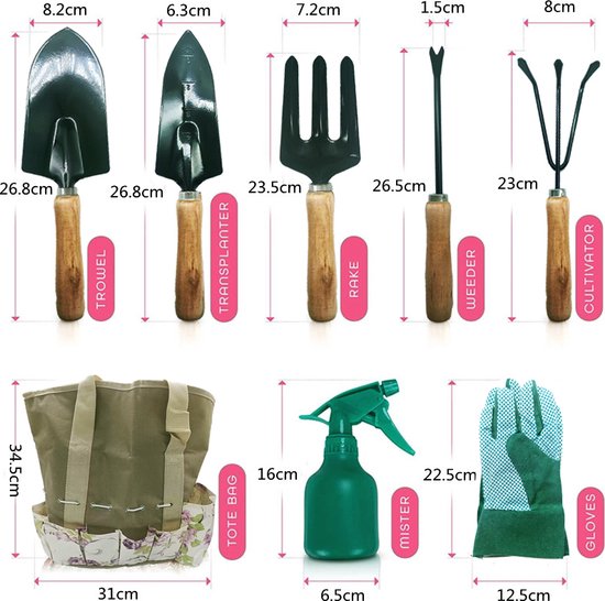 Complete 8-delige Tuingereedschapsset met handige draagtas voor Een Bloeiende Tuin-Duurzaam, Roestvrij Staal en Ultiem Gemak