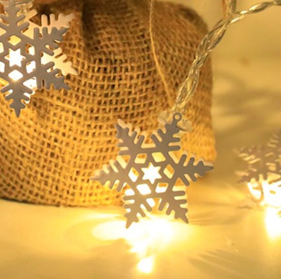 Kerstverlichting Sneeuwvlokken -Kerstdecoratie en Kerstversiering- 1.5m Lichtsnoer met 10 Sneeuwvloklampjes, Werkt op 2 AA-batterijen- Warm Wit
