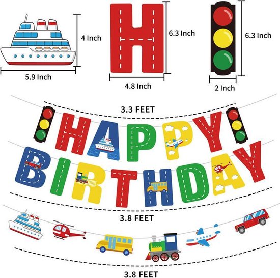 45 delig verjaardagset - Thema: Vervoer (Boot, Helikopter, Bus, Trein, Vliegtuig,  Auto) - Versiering voor feestjes, verjaardag