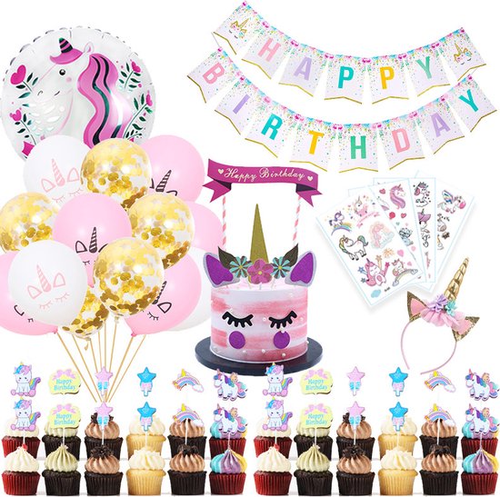 49 delig verjaardagset - Thema: Eenhoorn / Unicorn - Versiering voor feestjes, verjaardag - feestdecoratie