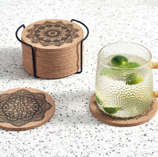 12 stuks Kurken Onderzetters met houder voor Glazen met Mandala Prints