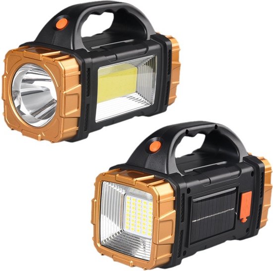 Multifunctionele LED zaklamp met Rood en Blauw Waarschuwingslicht- Perfect voor Outdoor, Kamperen, Wandelen - 1500mAh, 100m Bereik, Solar & USB Oplaadbaar-goud