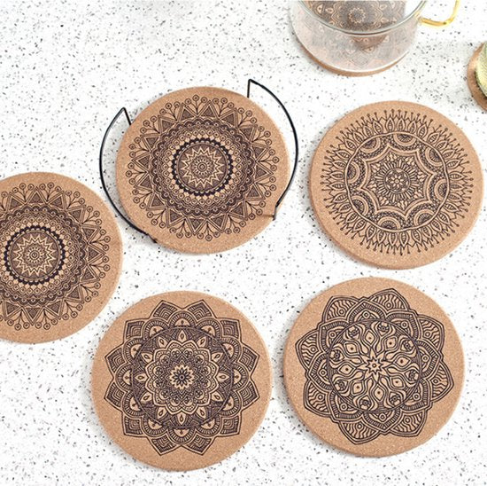 12 stuks Kurken Onderzetters met houder voor Glazen met Mandala-Prints - Stijlvolle en Natuurlijke Bescherming voor Uw Tafel - Rond - Duurzaam - Antislip - Hittebestendig