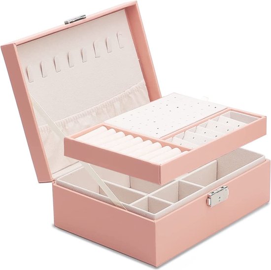Roze sieradendoos met klassiek ontwerp, vakken en slot