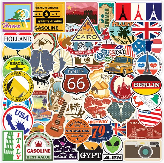 100 reizen en landen Stickers voor laptop, koffers, koelkasten en kleerkasten