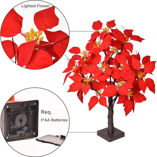 LED Lichtboom met Rode Poinsettia Bladeren - Warme Witte Verlichting - Energiezuinig en Duurzaam Design-58 cm Hoog