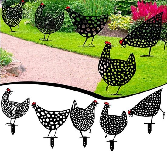 TDR - decoratief Acryl kunststof silhouetten van kip op stok voor in de tuin,  5 delig