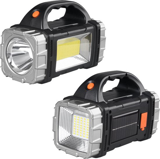 Multifunctionele LED zaklamp met Rood en Blauw Waarschuwingslicht- Perfect voor Outdoor, Kamperen, Wandelen - 1500mAh, 100m Bereik, Solar & USB Oplaadbaar-zwart/zilver