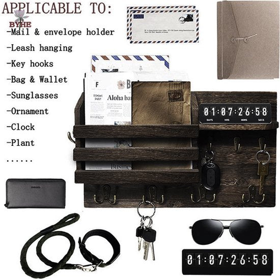 Multifunctionele Houten Wandorganizer met 13 Haken -Sleutelr