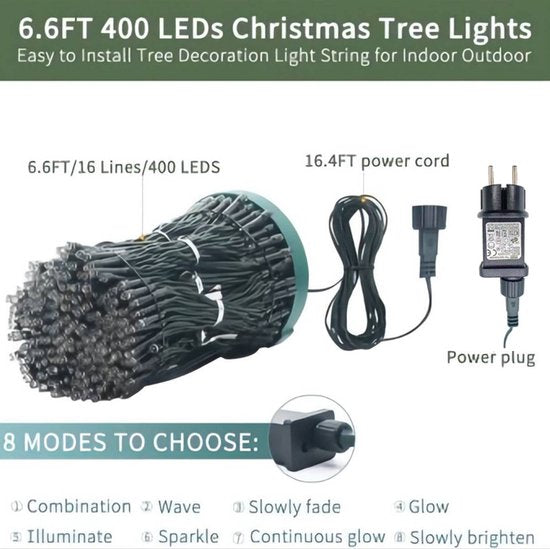 400 LED Kerstboomlampjes - 2m - 16 Takken - IP44 - 8 Modi