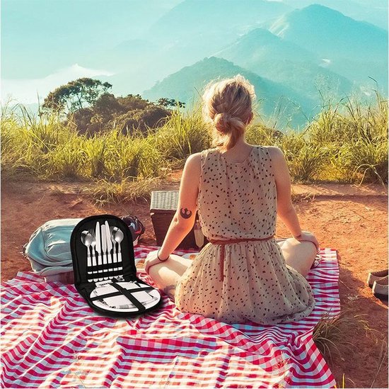 Picknick set - kamperen set - camping servies - voor 2 personen ( 2x mes, vork en lepel, 2 borden, kurkentrekker, placemat, snijplank)