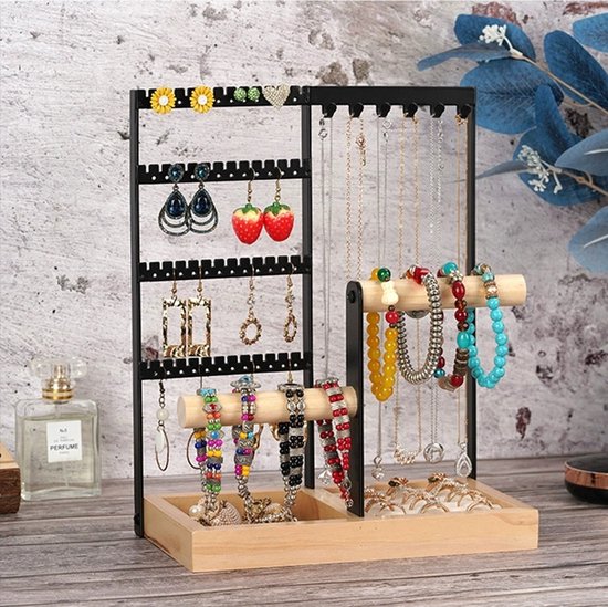 Hoogwaardig Sieradennrek met 48 Oorgaatjes, 6 Haakjes voor Ketting, 2 Armbandstandaards en een Handig Ringenvak - Stijlvolle Opbergruimte voor Elke Sieradencollectie