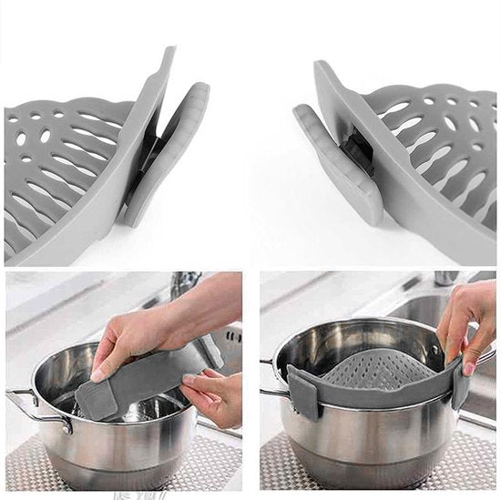 Siliconen Afdruiprek voor Pan – Flexibel Waterfilter – Universele Clip – Hittebestendig – Grijs