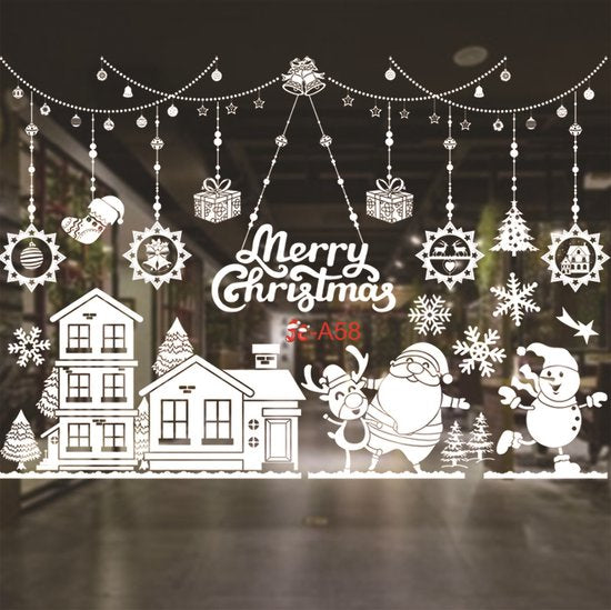 Kerst Raamstickers met Kerstman en Winterse Figuren - Herbruikbaar & Statisch Hechtend - 50x35.5 cm-wit