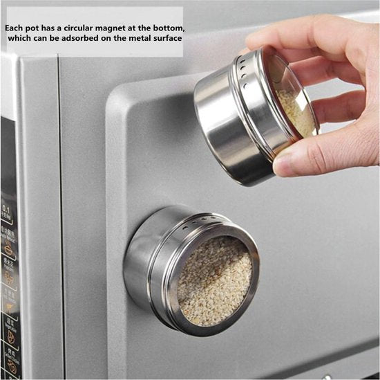 Roestvrijstale Magnetisch Kruidenrek met 9 kruidenpotjes-kruiden en specerijen rek -silver