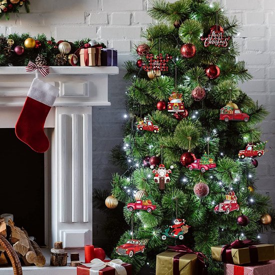 24-delige Houten Kerstdecoratieset - Nostalgische Rode Vrachtwagens met Feestelijke Details-Unieke Hangdecoratie voor Kerstboom en Cadeaus