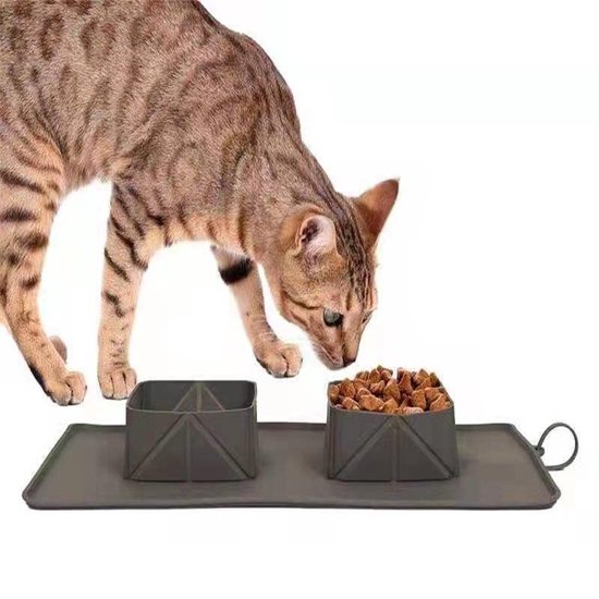 Opvouwbare Outdoor Draagbare Voerbak voor Huisdieren -katten en honden drinkbak- ideaal voor op reis en onderweg - met draagtas-Grijs 38X23.5cm