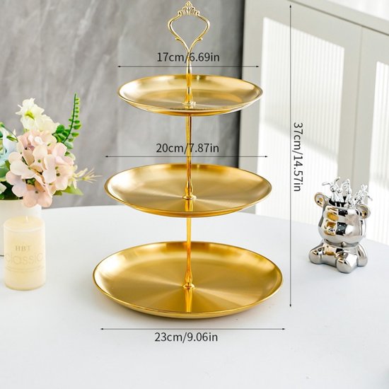 fruitschaal van roestvrij staal, goudkleurig, drielaags, 17+20+23cm