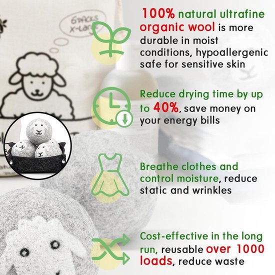 Unikorf 6-delige Wol Drogerballen, Grijs - 40% Sneller, Hypo