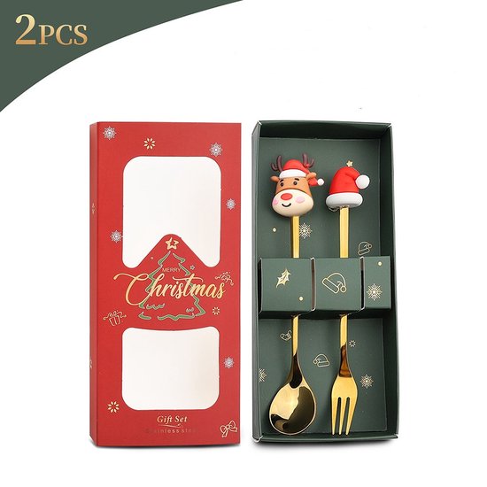 4 delige (8 stuks) Luxe Kerst Bestekset – Theelepels & Vorken met Unieke Kerstfiguren – Feestelijk Cadeau-goud