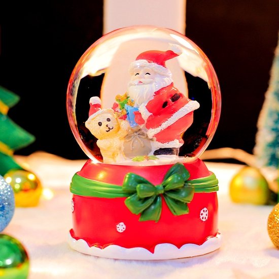 Magische Kerst Sneeuwbol met Muziek en Kleurrijke LED – Kerstman en Teddybeer – Warme Sfeer – Ø8 cm, Hoogte 14 cm