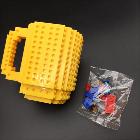 Build on Brick Mug - geel - 350 ml - bouw je eigen mok met bouwsteentjes - BPA vrije drinkbeker cadeau voor kinderen of volwassenen - koffie thee limonade of andere dranken - pennenbeker - creatief accessoire voor op bureau -HnD