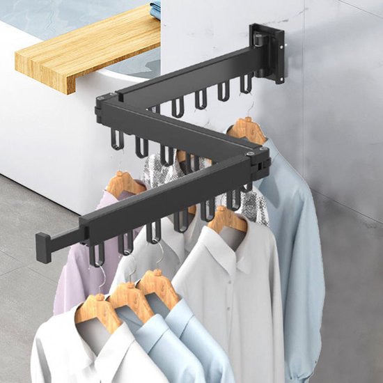 Uittrekbaar Wanddroogrek - Robuust en Ruimtebesparend - Hoge Draagkracht - Handig Wasrek Hangend aan de Muur-zwart